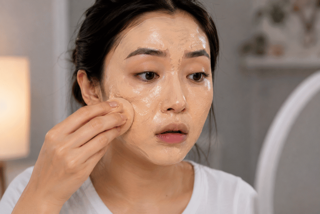 Foundation or Concealer on First: Makeup Order Guide 6 Photo of a girl applying too much foundation