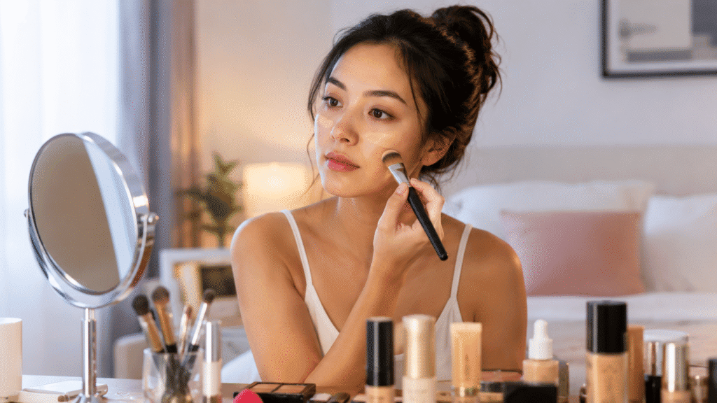 Foundation or Concealer on First: Makeup Order Guide 1 A woman applying her makeup at a vanity