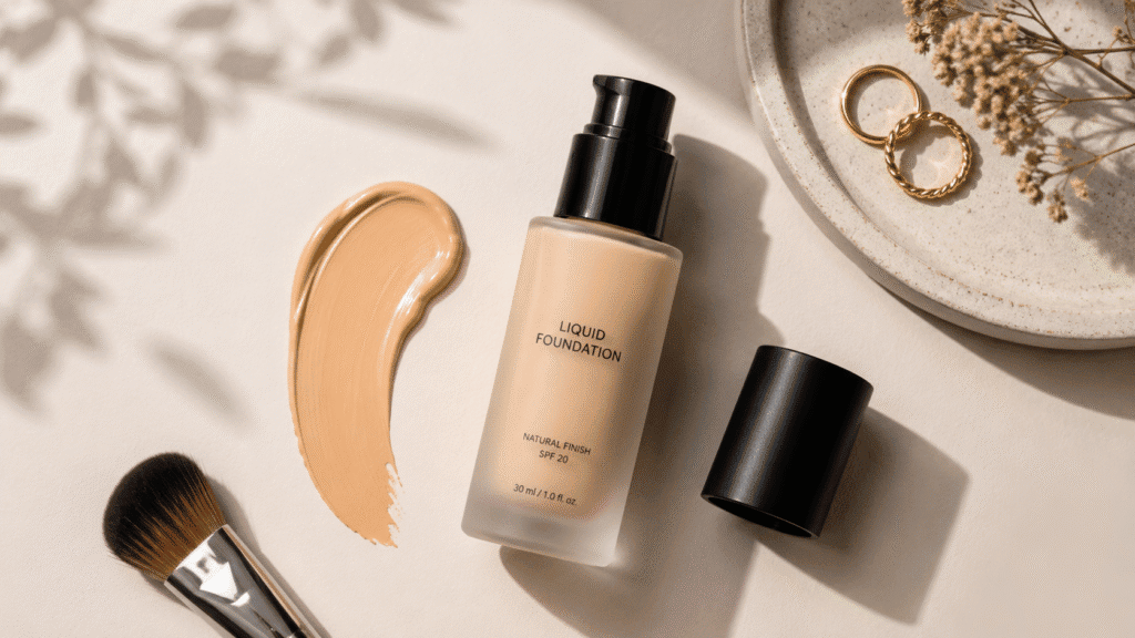 Foundation or Concealer on First: Makeup Order Guide 2 Flat lay of a foundation bottle