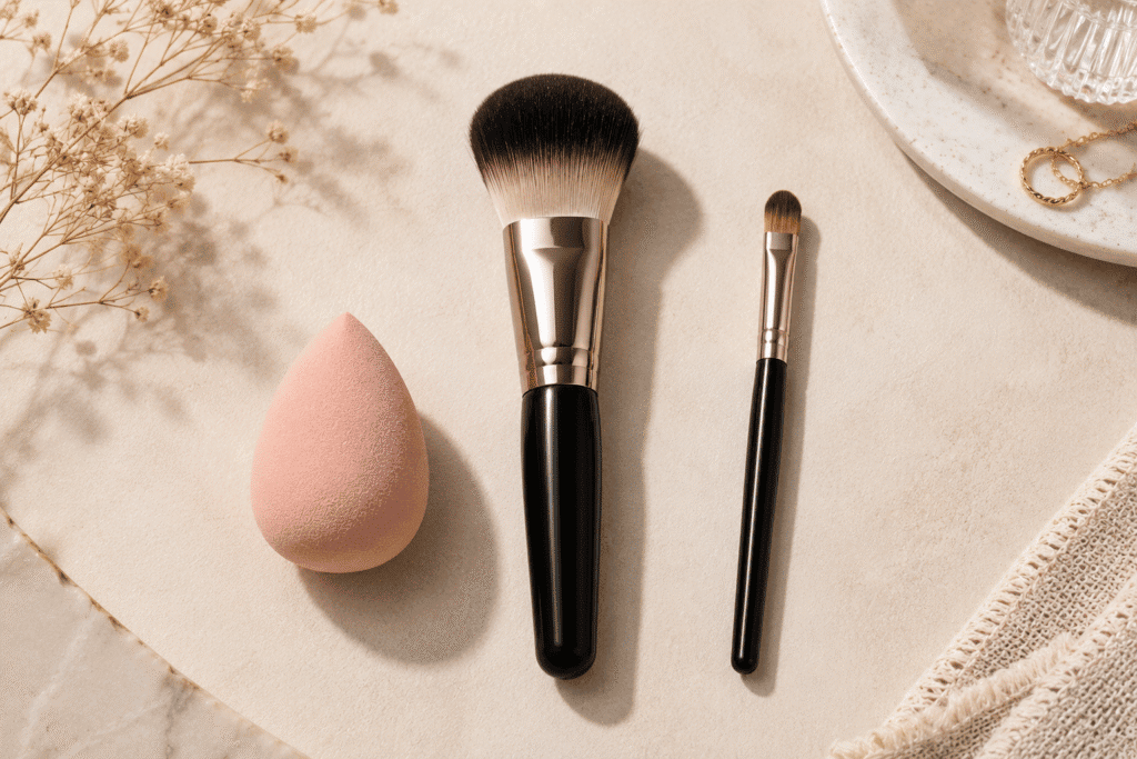 Foundation or Concealer on First: Makeup Order Guide 5 Photo of different makeup tools.