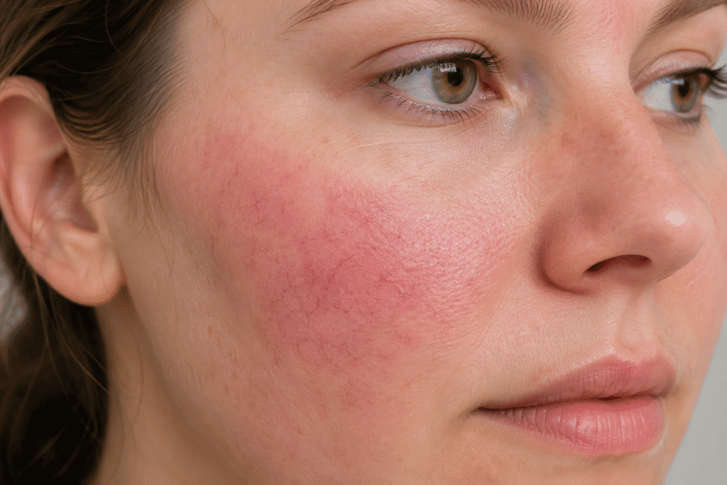 Simple Rosacea Skin Care Routine for Sensitive Skin 1 Close-up of a woman's face showing natural rosacea redness on the cheek.