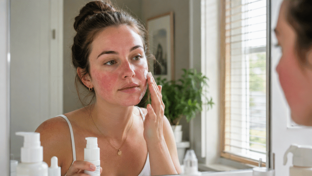 Simple Rosacea Skin Care Routine for Sensitive Skin 2 Woman with rosacea applying skincare during her morning routine.