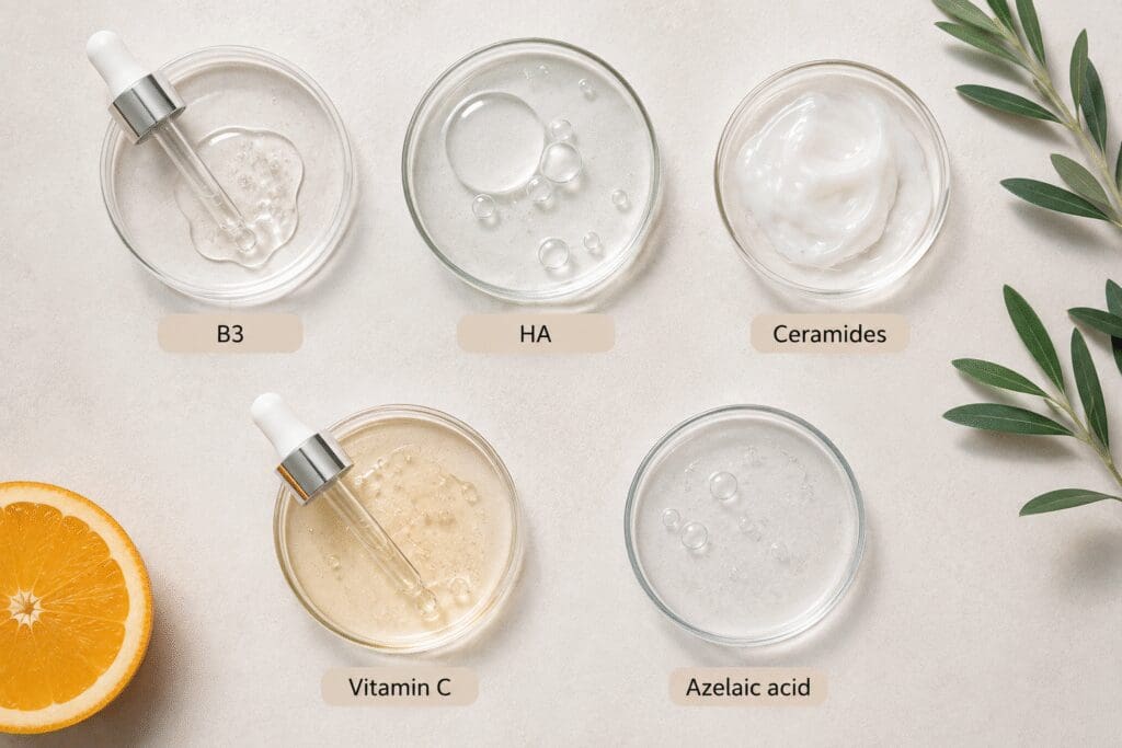Flat lay of five skincare ingredients labeled B3, HA, Ceramides, Vitamin C, and Azelaic acid.