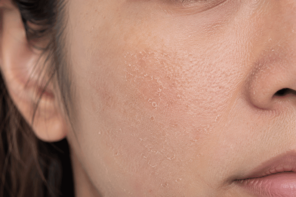 Hyaluronic Acid Eye Cream: A Simple Guide 8 Close-up of dry, flaky skin on the cheek.