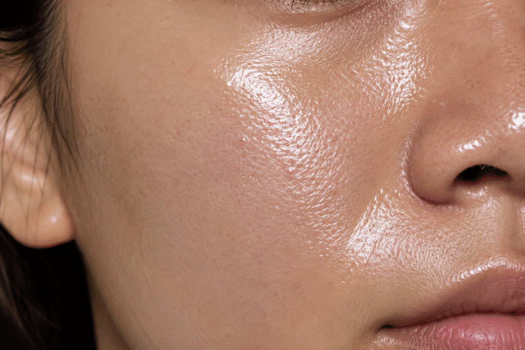 Moisturizer Before or After Sunscreen: What Goes First? 5 Close-up of oily, shiny skin with visible pores.