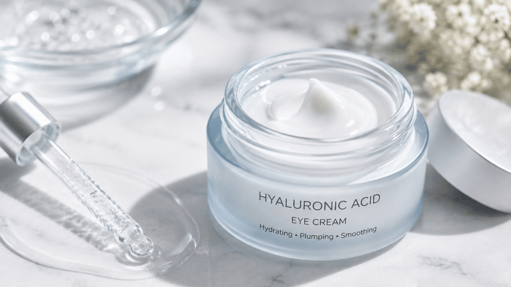 Hyaluronic Acid Eye Cream: A Simple Guide 3 Flat lay image of Eye cream with hyaluronic acid ingredient