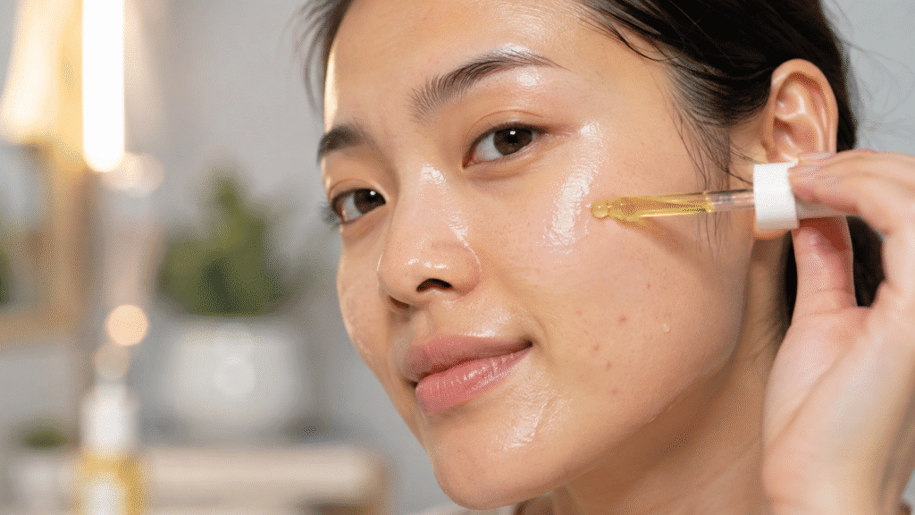 Jojoba Oil for Oily Skin: Does It Help? 1 Girl applying jojoba oil to her face.