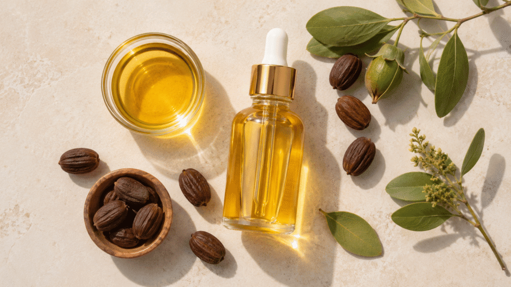 Jojoba Oil for Oily Skin: Does It Help? 2 Flat lay image of jojoba oil