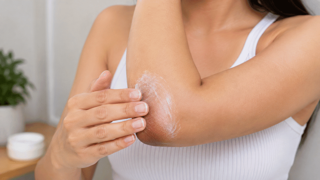 Woman applying moisturizer to her dark elbow.