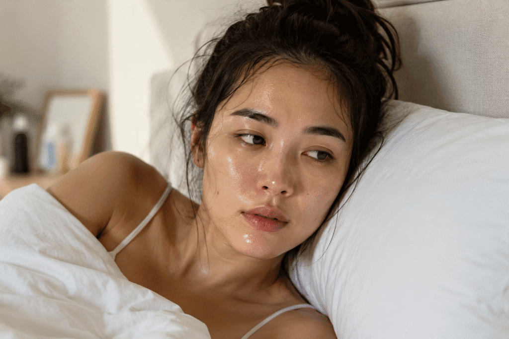 Woman waking up with oily, sweaty skin.