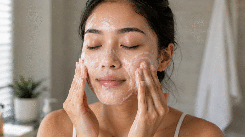 Woman gently cleansing her face with fingertips.