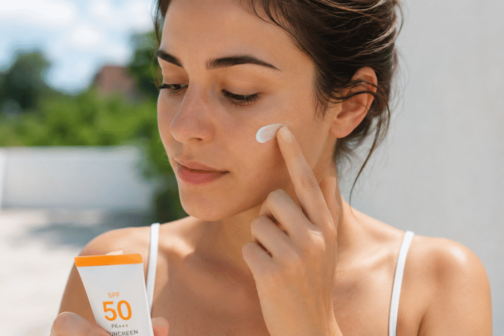 How to Get Rid of Wrinkles Under Eyes 2 Woman applying a small amount of sunscreen to her cheek.