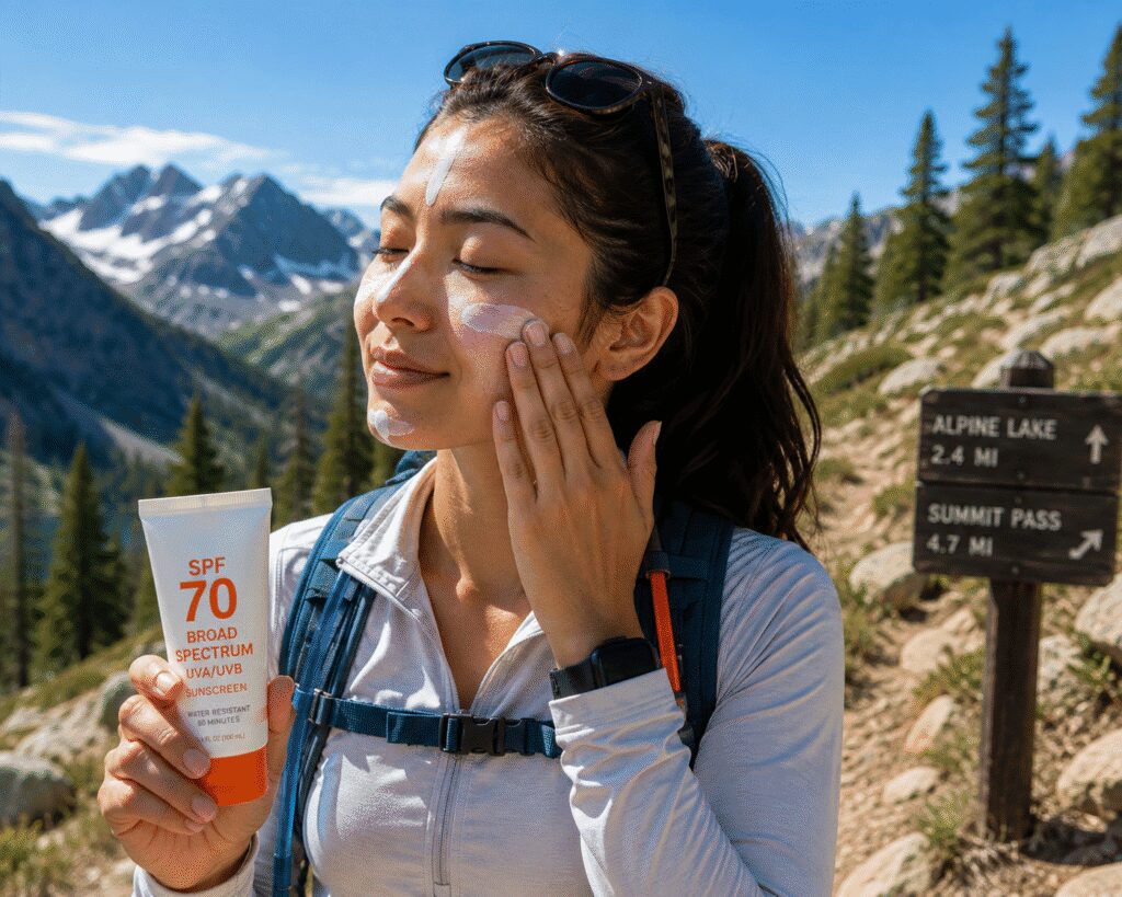 Hiker applying SPF 70 sunscreen before a mountain trek.