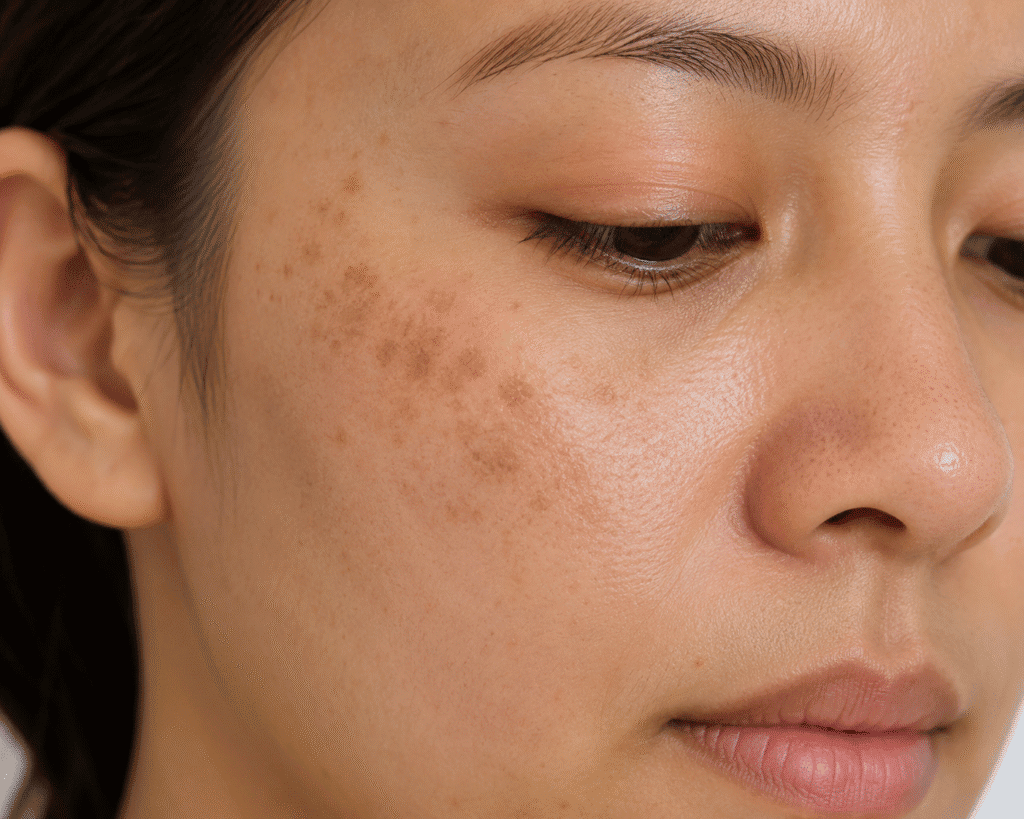 Close-up of facial skin with dark spots and hyperpigmentation.