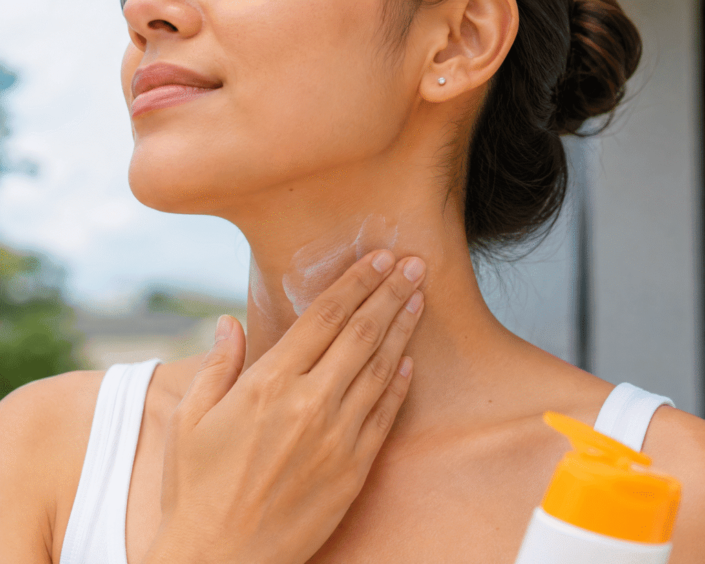 Moisturizer Before or After Sunscreen: What Goes First? 9 Woman applying sunscreen to her neck.