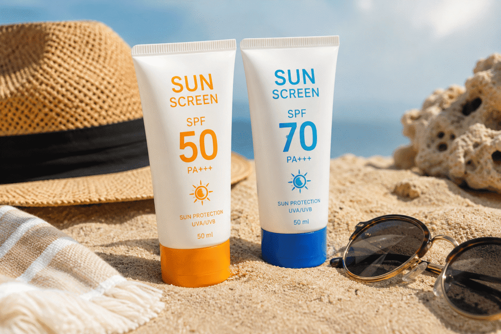 Two sunscreens labeled SPF 50 and SPF 70