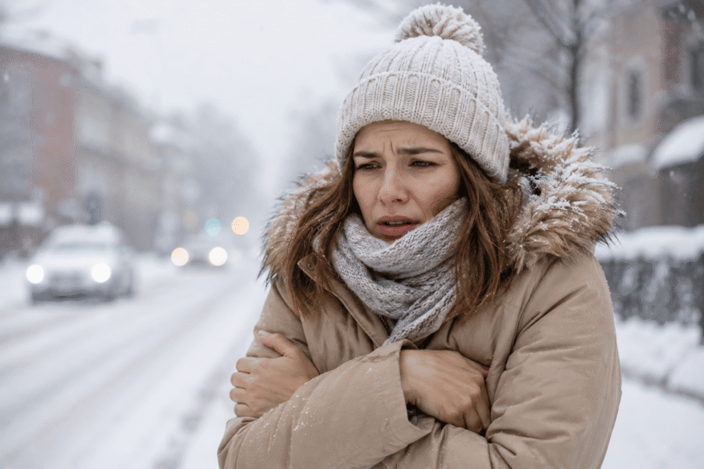 Dry Skin Around Nose: What Causes It and How to Treat It 6 Woman bundled up in cold winter weather.