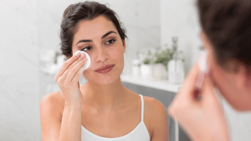 How Do You Remove Makeup Without Makeup Remover 1 Woman removing makeup with a cotton pad.