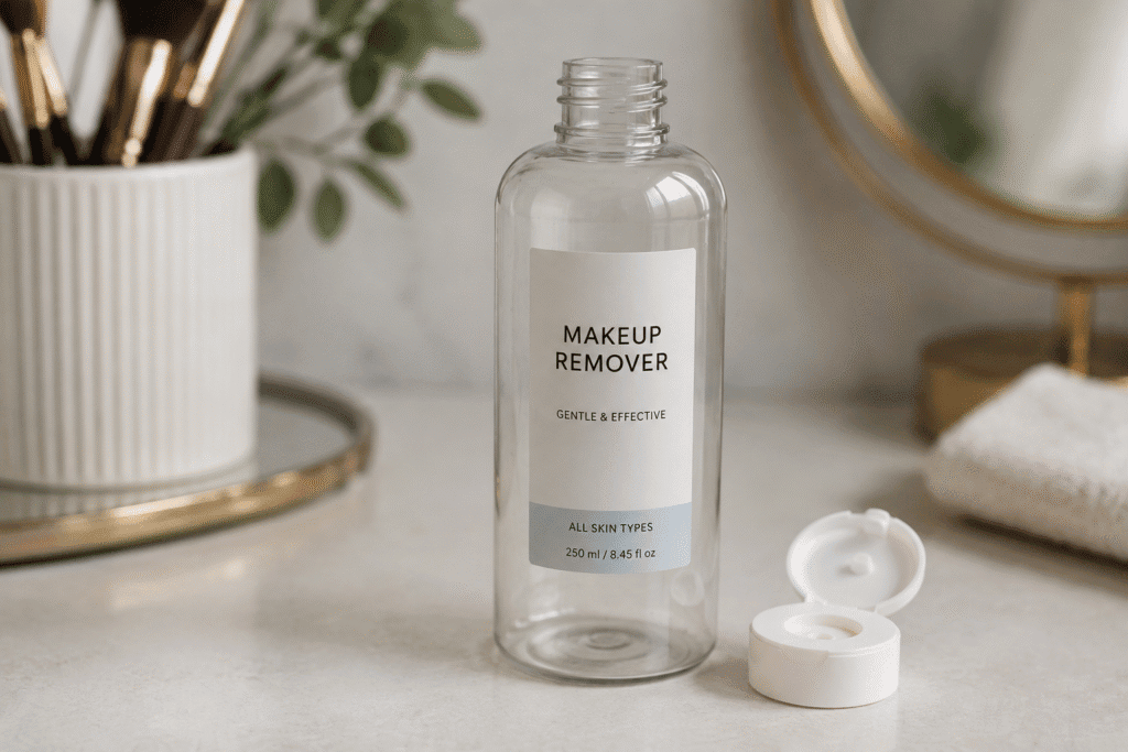 How Do You Remove Makeup Without Makeup Remover 2 Empty makeup remover bottle on a bathroom vanity.