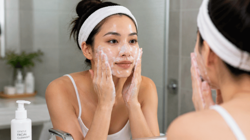 How Do You Remove Makeup Without Makeup Remover 6 Woman removing foundation with facial cleanser.