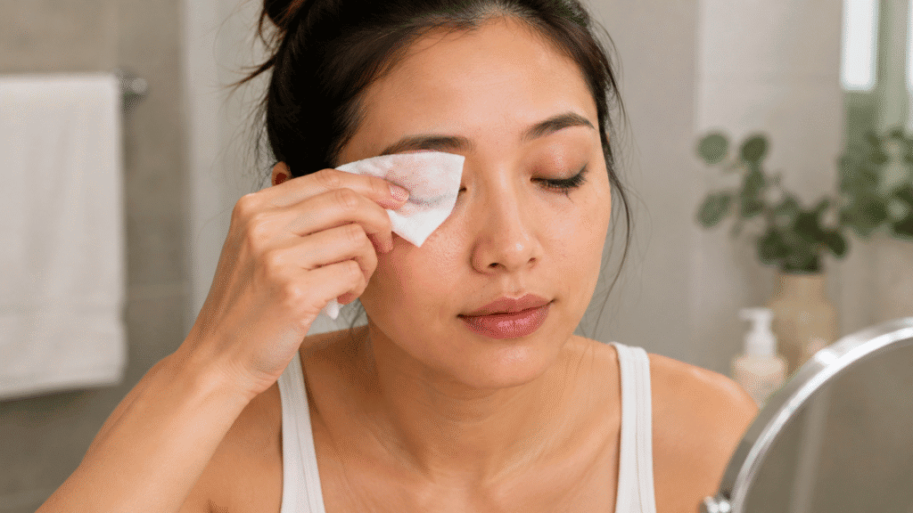 How Do You Remove Makeup Without Makeup Remover 7 Woman gently cleansing her eyelid with a damp cloth.