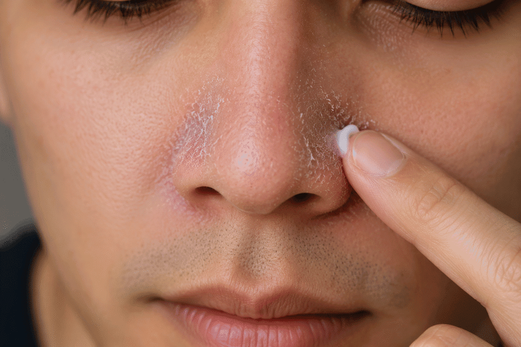 Dry Skin Around Nose: What Causes It and How to Treat It 2 Woman applying moisturizer to dry skin around her nose.