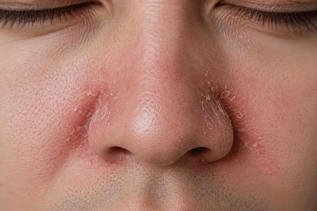 Dry Skin Around Nose: What Causes It and How to Treat It 5 Nose with seborrheic dermatitis and flaky skin.