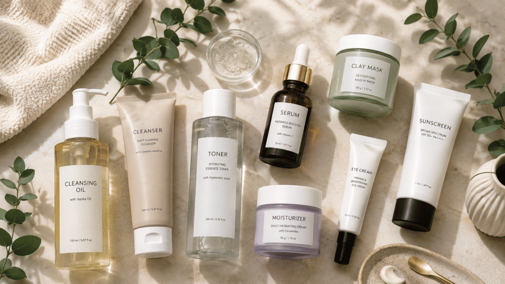 Moisturizer Before or After Sunscreen: What Goes First? 1 Flat lay image of different skincare products