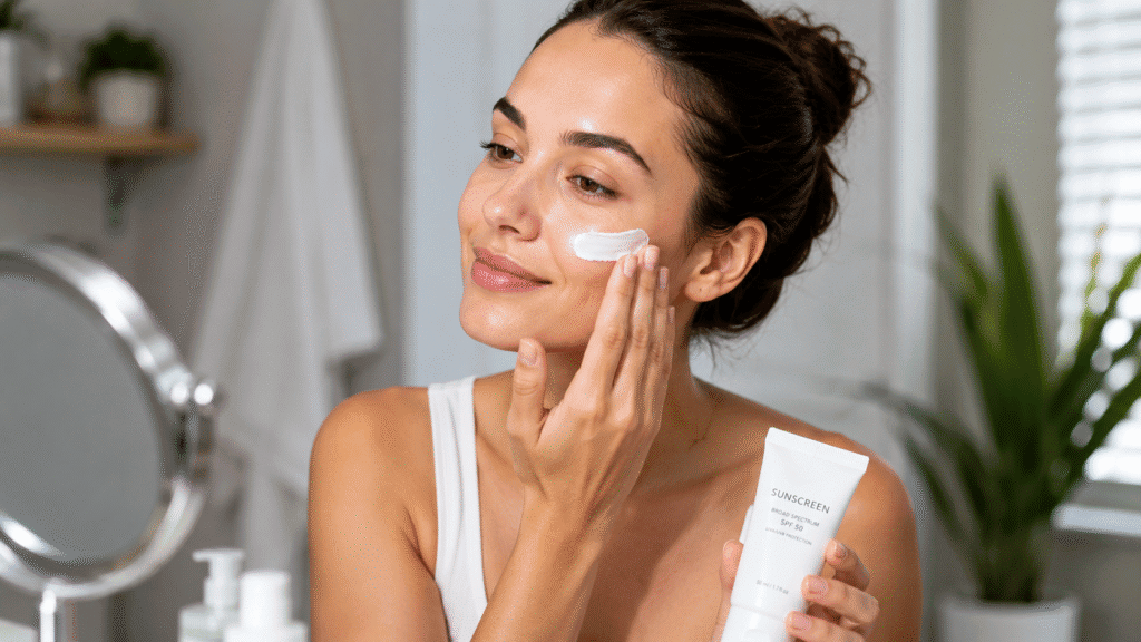 Moisturizer Before or After Sunscreen: What Goes First? 2 Woman applying sunscreen to her cheek.