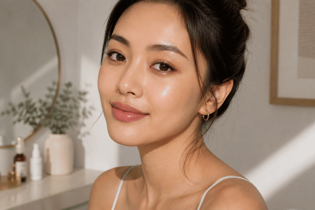 Moisturizer Before or After Sunscreen: What Goes First? 7 Woman with makeup and glowing skin after skincare.