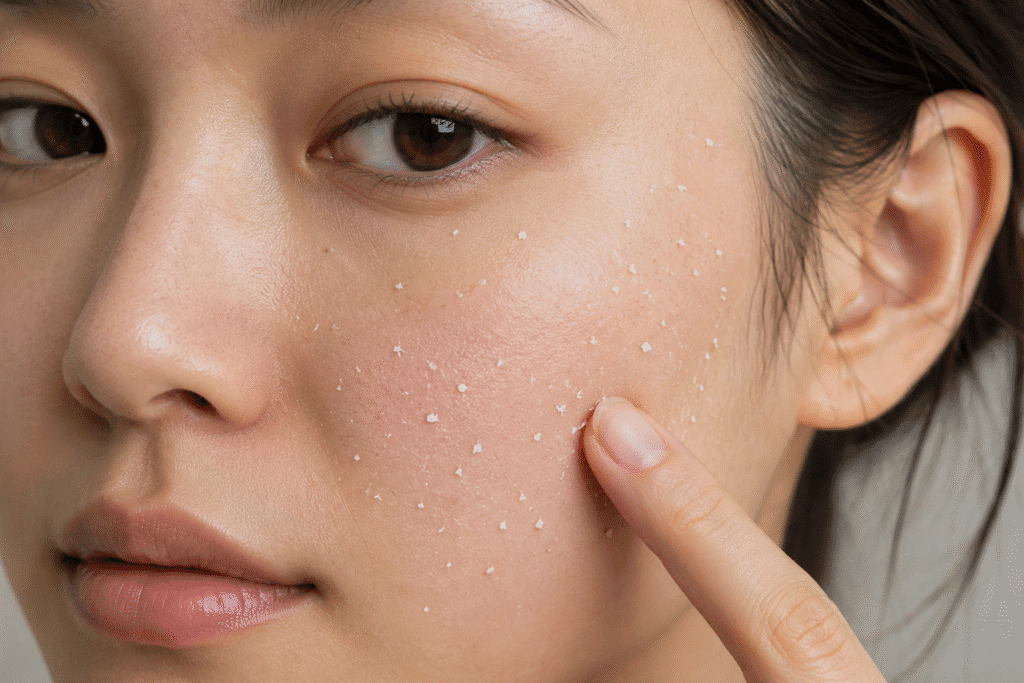 Moisturizer Before or After Sunscreen: What Goes First? 8 Woman with sunscreen pilling into tiny flakes.