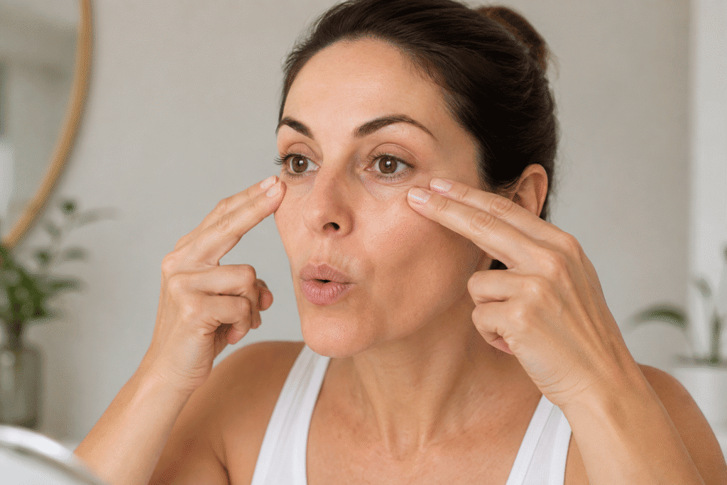 How to Get Rid of Wrinkles Under Eyes 5 Woman performing an under-eye facial exercise.