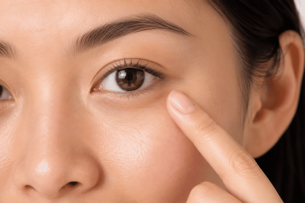 How to Get Rid of Wrinkles Under Eyes 8 Woman gently touching her healthy under-eye skin.