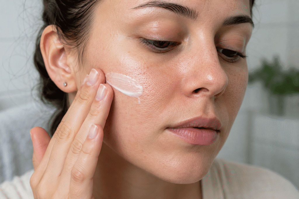 How to Reduce Pores on Face: Simple Ways to Get Smoother-Looking Skin 2 Woman applying moisturizer to her face with visible pores.