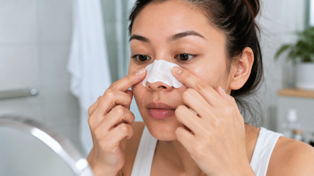 How to Reduce Pores on Face: Simple Ways to Get Smoother-Looking Skin 4 Woman applying a pore strip to her nose.