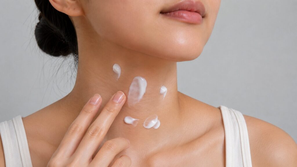 How Much Moisturizer Should I Use? 6 Woman applying several pea-sized amounts of moisturizer to her neck.