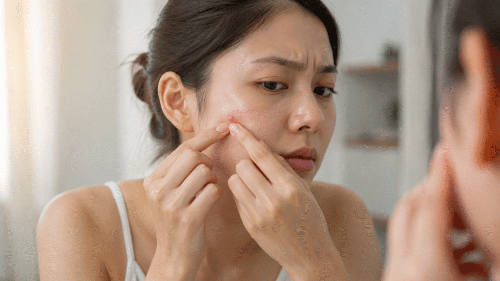 Woman picking a pimple on her cheek