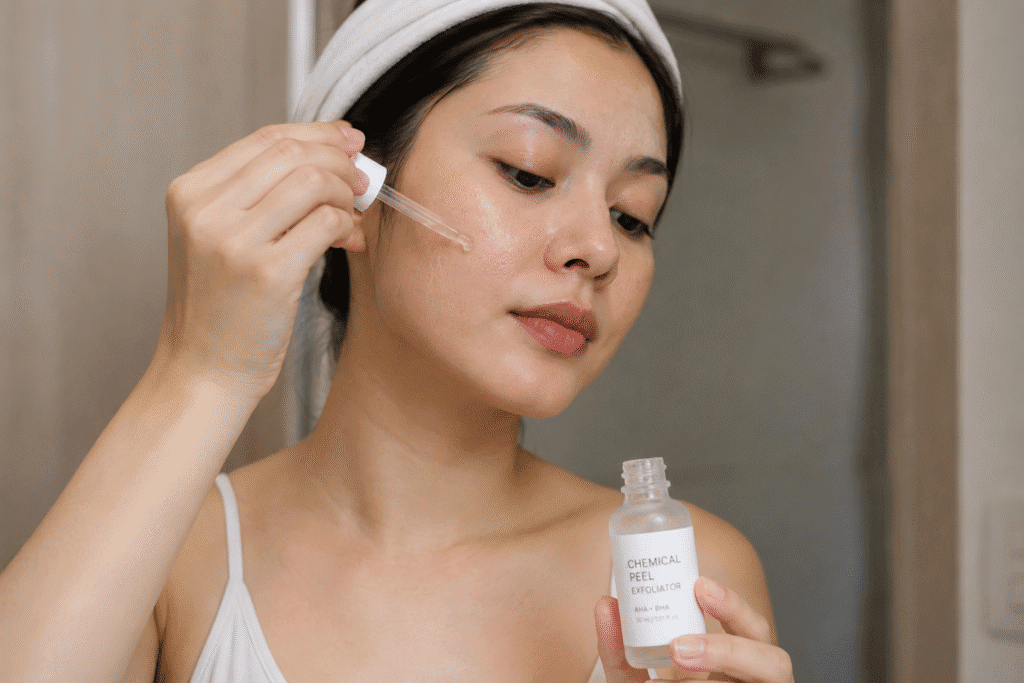 Woman applying a chemical peel exfoliator to her face