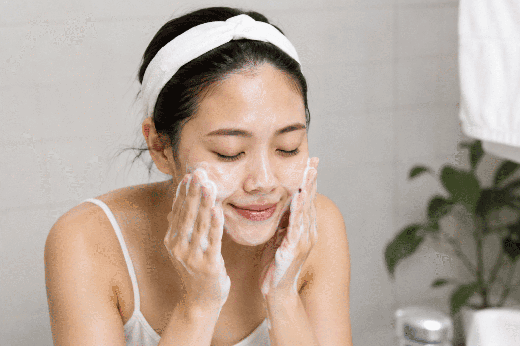 Woman gently cleansing her face with a foaming facial cleanser