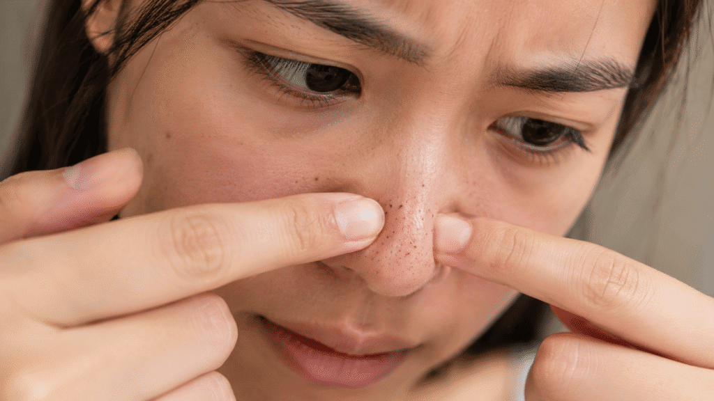 Close-up of blackheads on the nose.