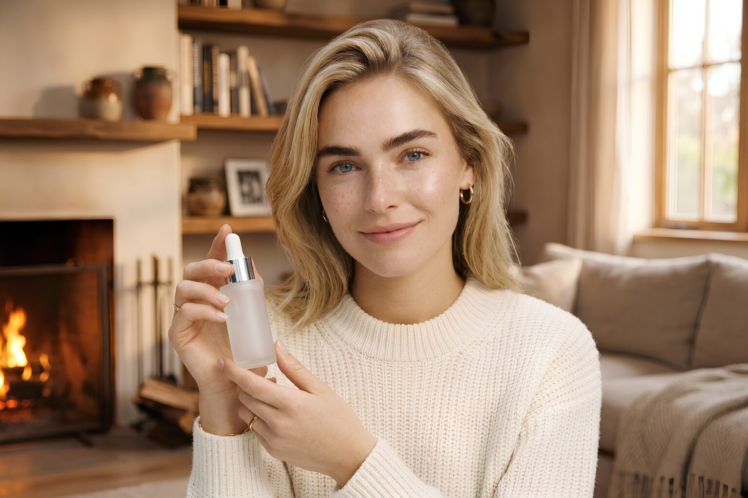 Woman in a knit scarf applying moisturizer as part of her cold weather skin care routine